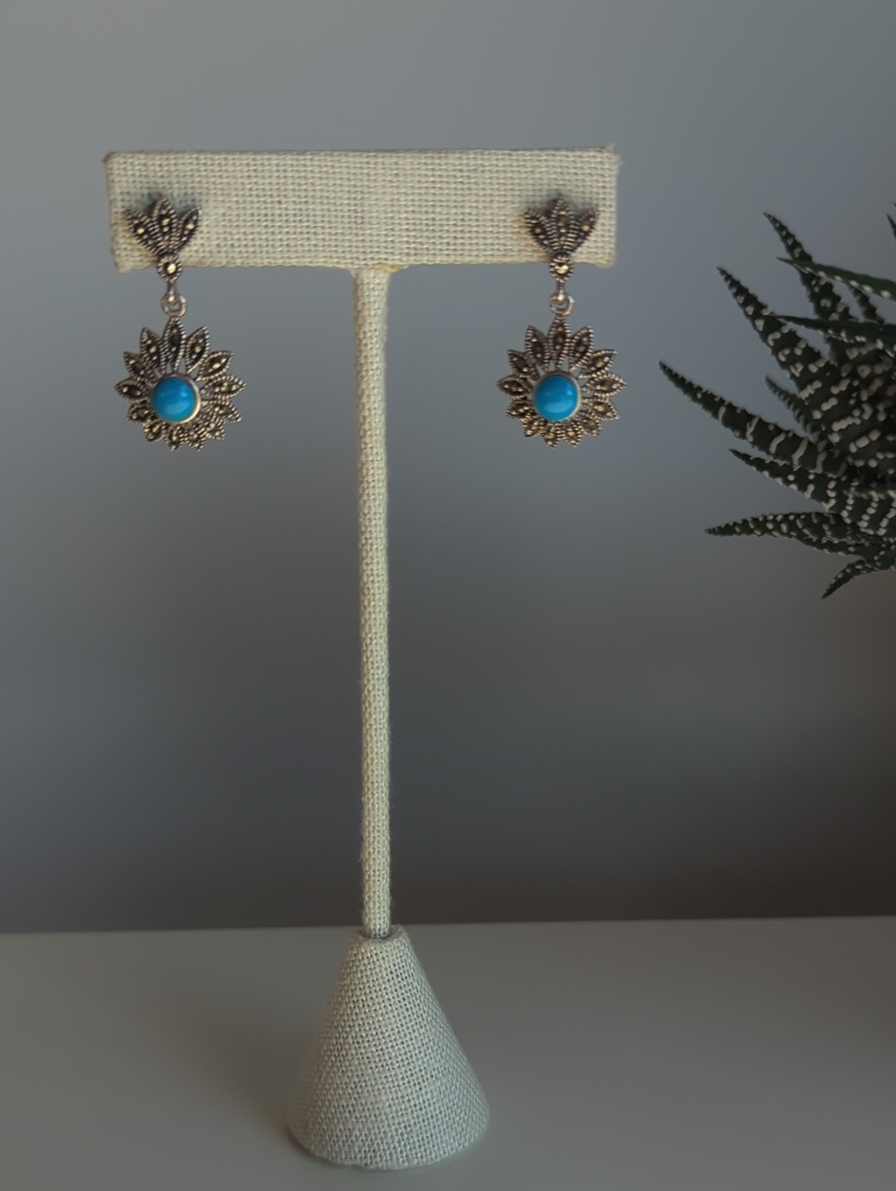 Marcasite Tourqoise Color 925 Sterling Silver Drop/Dangle Earrings
